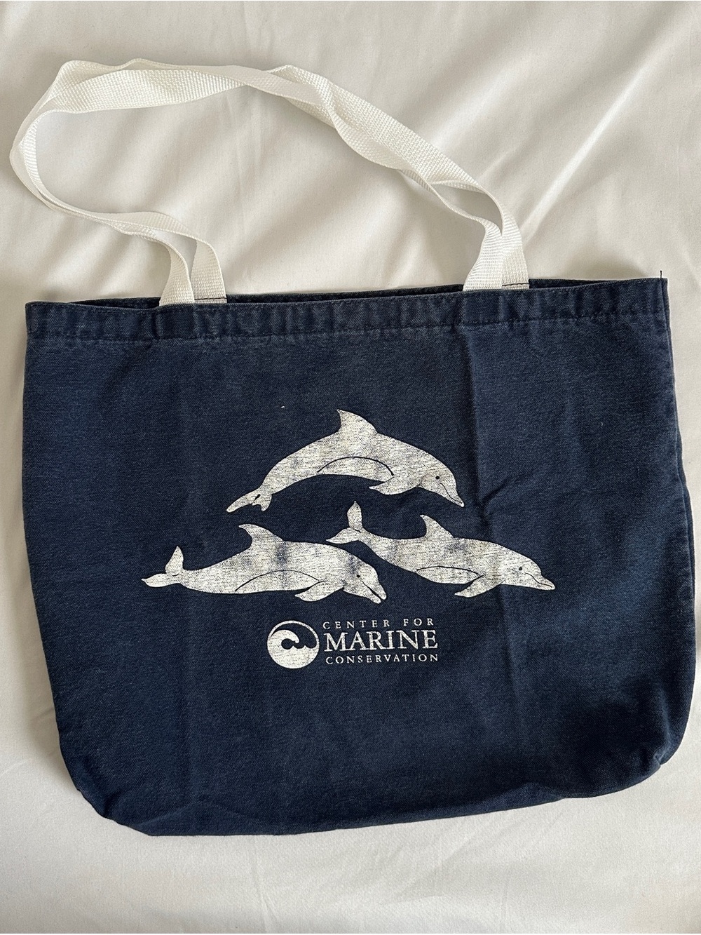 Navy Denim Tote Bag with White Dolphin Print